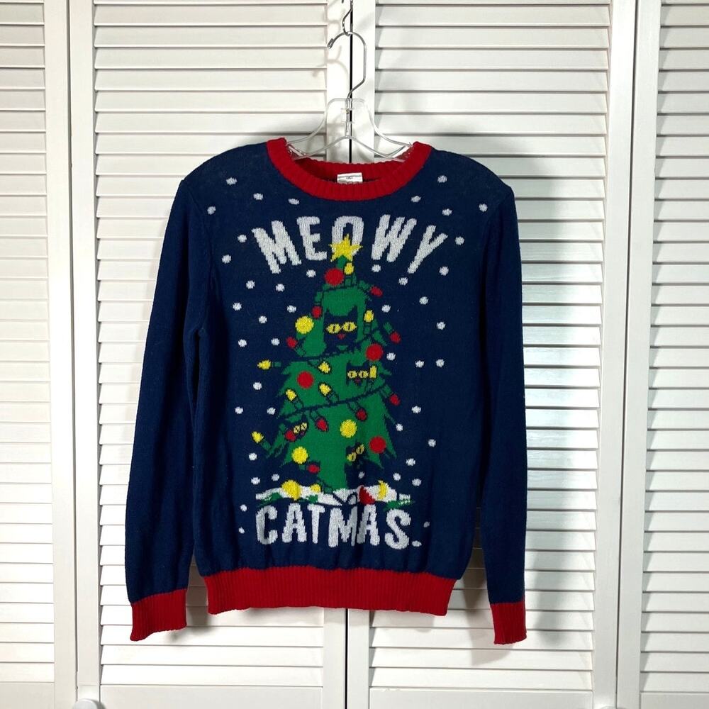 Unisex Well Worn Merry Catmas Blue Multicolor Long Sleeve Sweater L